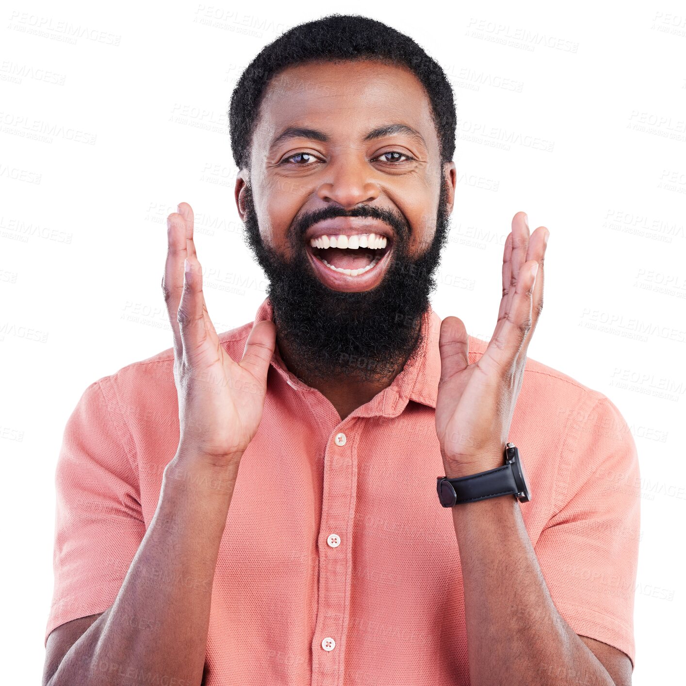 Buy stock photo Happy, excited and portrait of an African man with a positive, good and confident mindset. Happiness, smile and young male model in a casual outfit for fashion isolated by transparent png background.