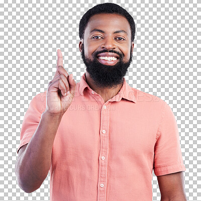 Buy stock photo Black man, portrait and point finger for question, idea and smile isolated on a transparent png background. African person, face and hand gesture for choice, solution or sign, decision and direction.