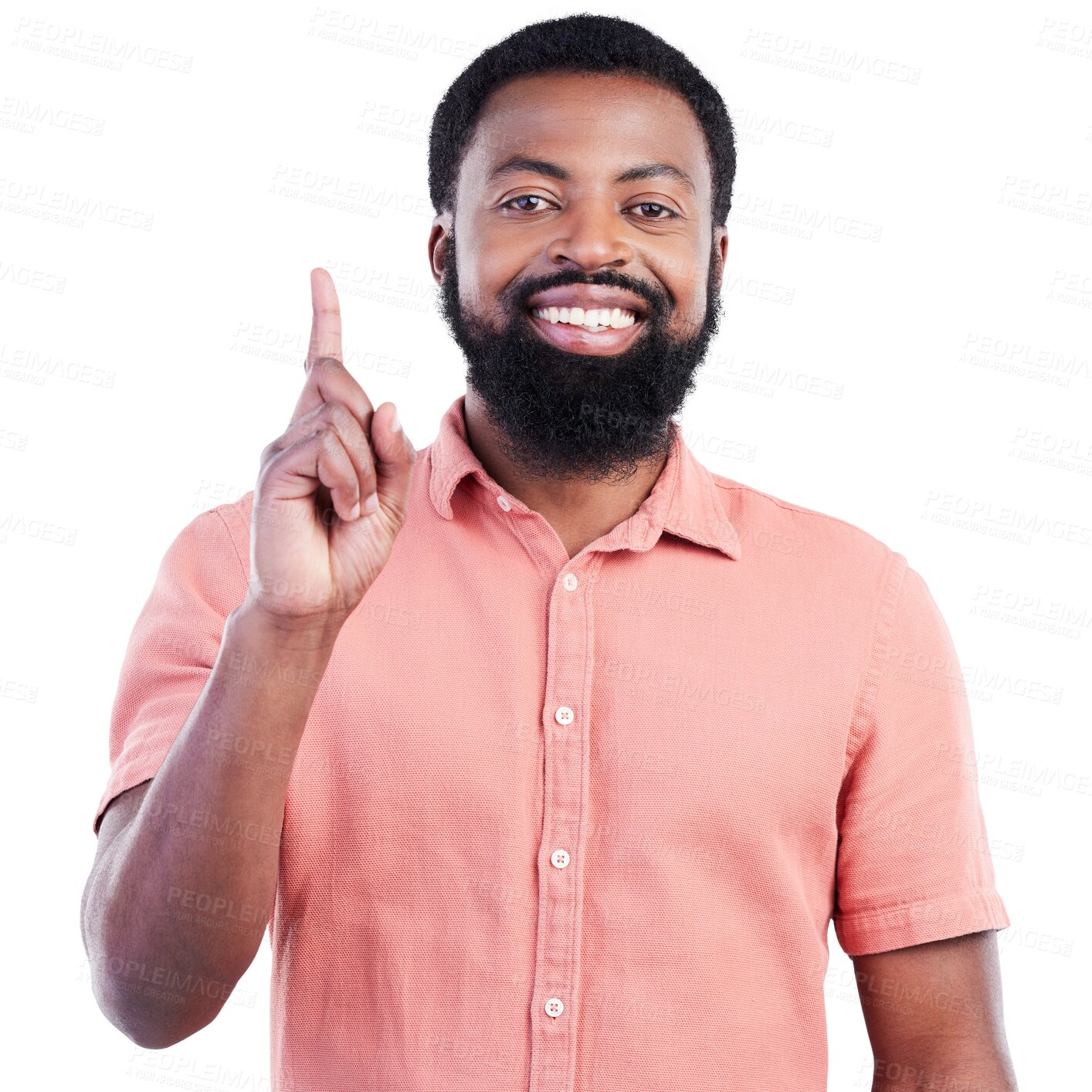 Buy stock photo Black man, portrait and point finger for question, idea and smile isolated on a transparent png background. African person, face and hand gesture for choice, solution or sign, decision and direction.