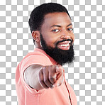 Point, smile and portrait of black man in studio with hand gesture for motivation, encouragement and selection. Happy, mockup and male on white background pointing for choice, advertising or decision