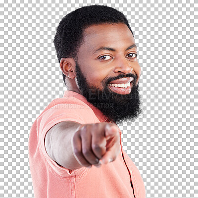 Buy stock photo Portrait, black man and pointing to you for direction, decision and choice isolated on a transparent png background. African person, face and hand gesture for selection of winner, smile and success