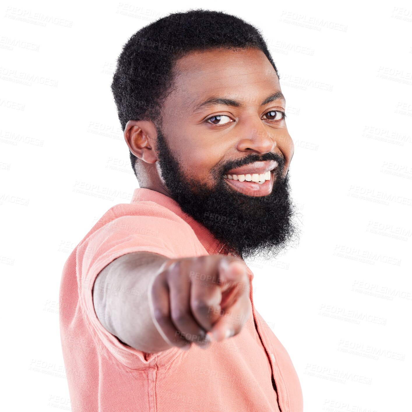 Buy stock photo Portrait, black man and pointing to you for direction, decision and choice isolated on a transparent png background. African person, face and hand gesture for selection of winner, smile and success