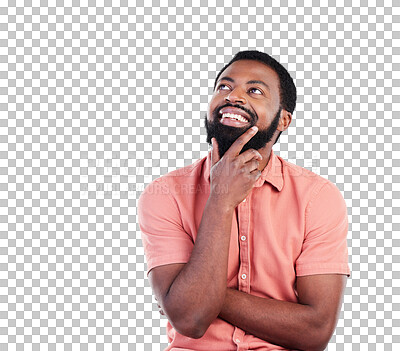 Buy stock photo Thinking, creative vision and a black man brainstorming, ideas and a choice. Happy, smile and a male African employee with a decision and wondering while isolated on a transparent png background