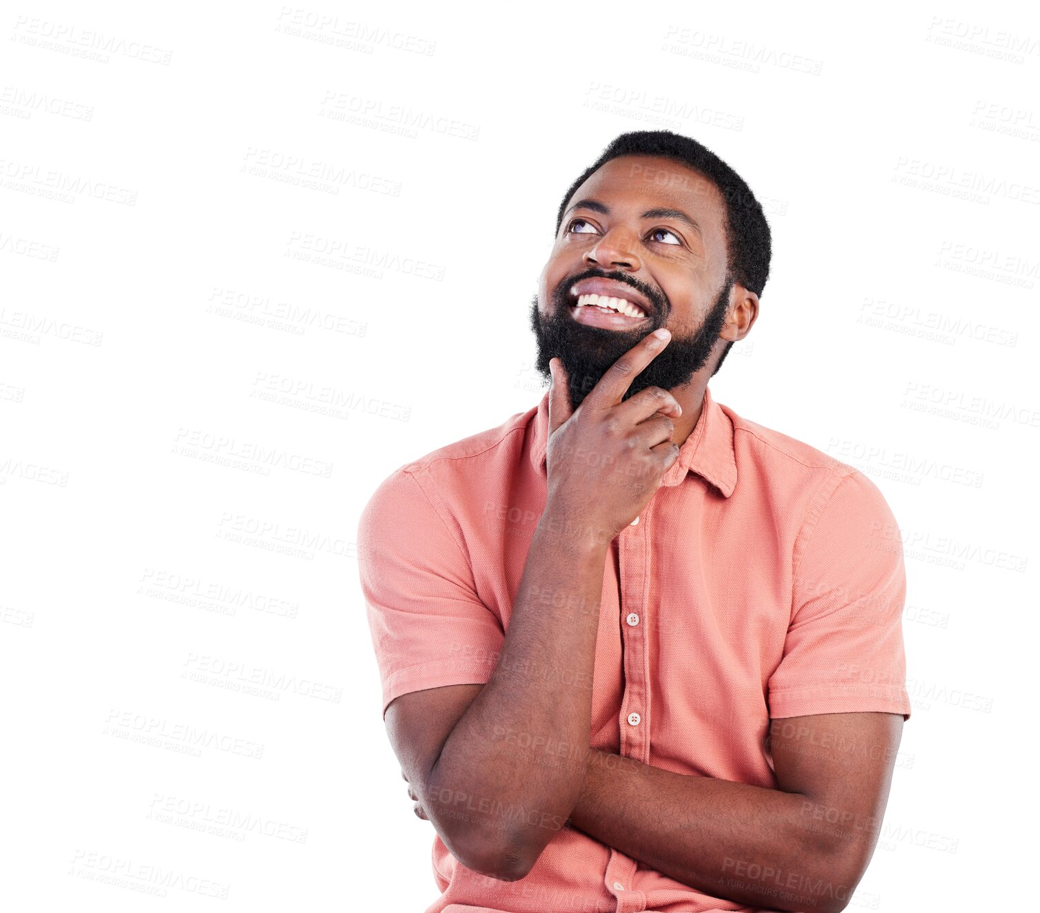 Buy stock photo Thinking, creative vision and a black man brainstorming, ideas and a choice. Happy, smile and a male African employee with a decision and wondering while isolated on a transparent png background