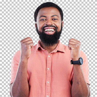 Buy stock photo Portrait, wow and success with a winner black man isolated on a transparent background in celebration of victory. Motivation, goal and smile with a happy young male person cheering a bonus on PNG