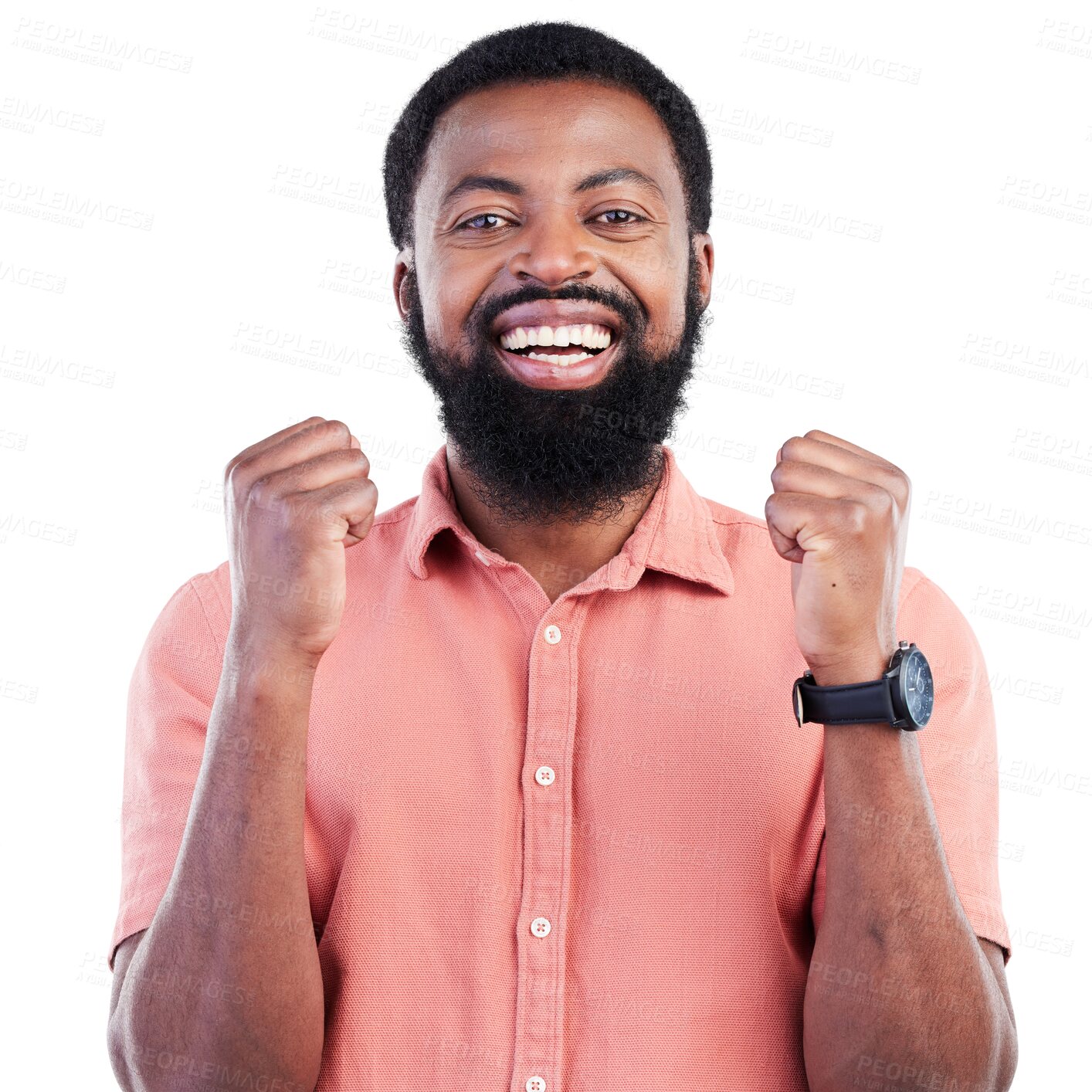 Buy stock photo Portrait, wow and success with a winner black man isolated on a transparent background in celebration of victory. Motivation, goal and smile with a happy young male person cheering a bonus on PNG