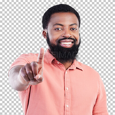 Buy stock photo Black man, portrait and pointing at you for decision, choice and selection isolated on a transparent png background. African person, face and hand gesture for deal, direction or smile for opportunity