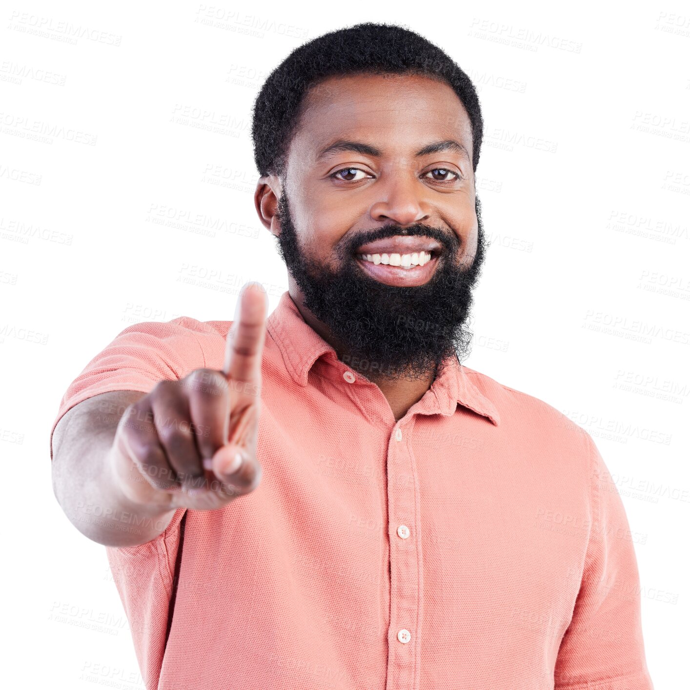 Buy stock photo Black man, portrait and pointing at you for decision, choice and selection isolated on a transparent png background. African person, face and hand gesture for deal, direction or smile for opportunity