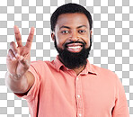 Black man, hand and peace sign in studio portrait with smile, emoji or happiness by background. Young african model, signal or zen symbol for opinion, mindset or voice for confident pride by backdrop