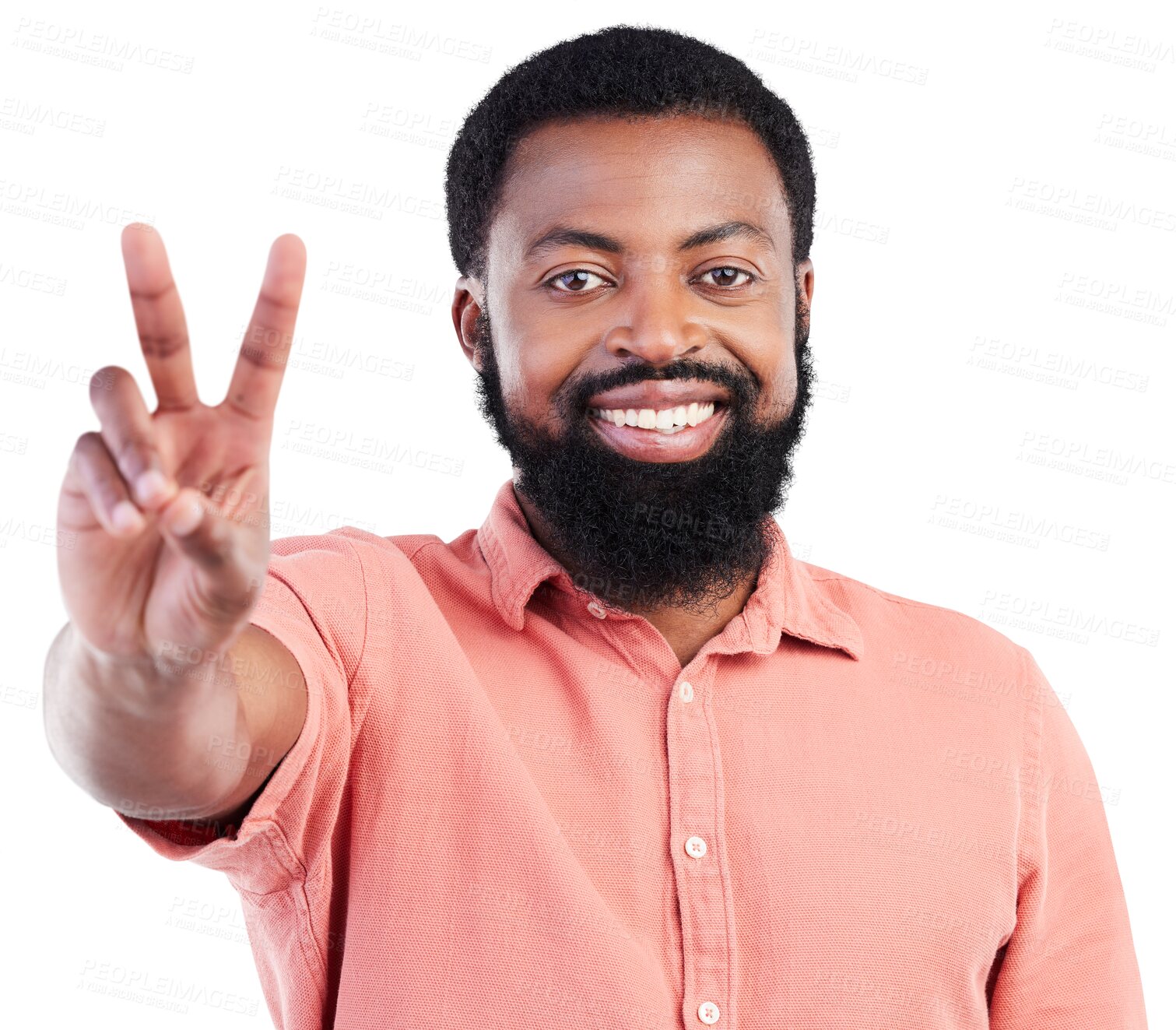 Buy stock photo Peace, hand and portrait of happy black man on isolated, transparent or png background. V, finger and face of African male with emoji gesture for vote, sign language or review satisfaction with smile