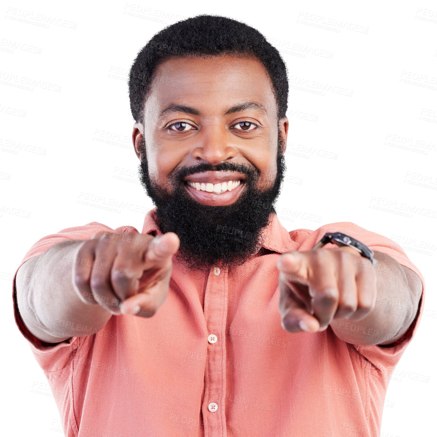 Buy stock photo Portrait, black man and pointing to you for choice, decision and selection isolated on a transparent png background. African person, face and hand gesture for direction, winner and smile for success.