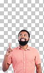 Point, mockup space and black man looking up with hand gesture for product placement, advertising and sign. Happy, studio and male smile on white background pointing for choice, branding and showing