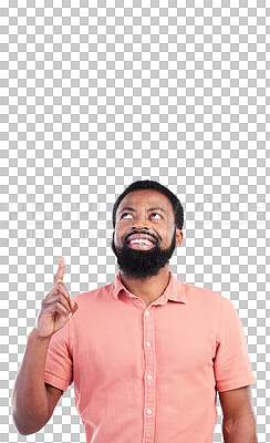 Buy stock photo Pointing, thinking and a black man with a work vision, business creativity and showing a design. Happy, African designer or male with a smile and gesture isolated on a transparent png background