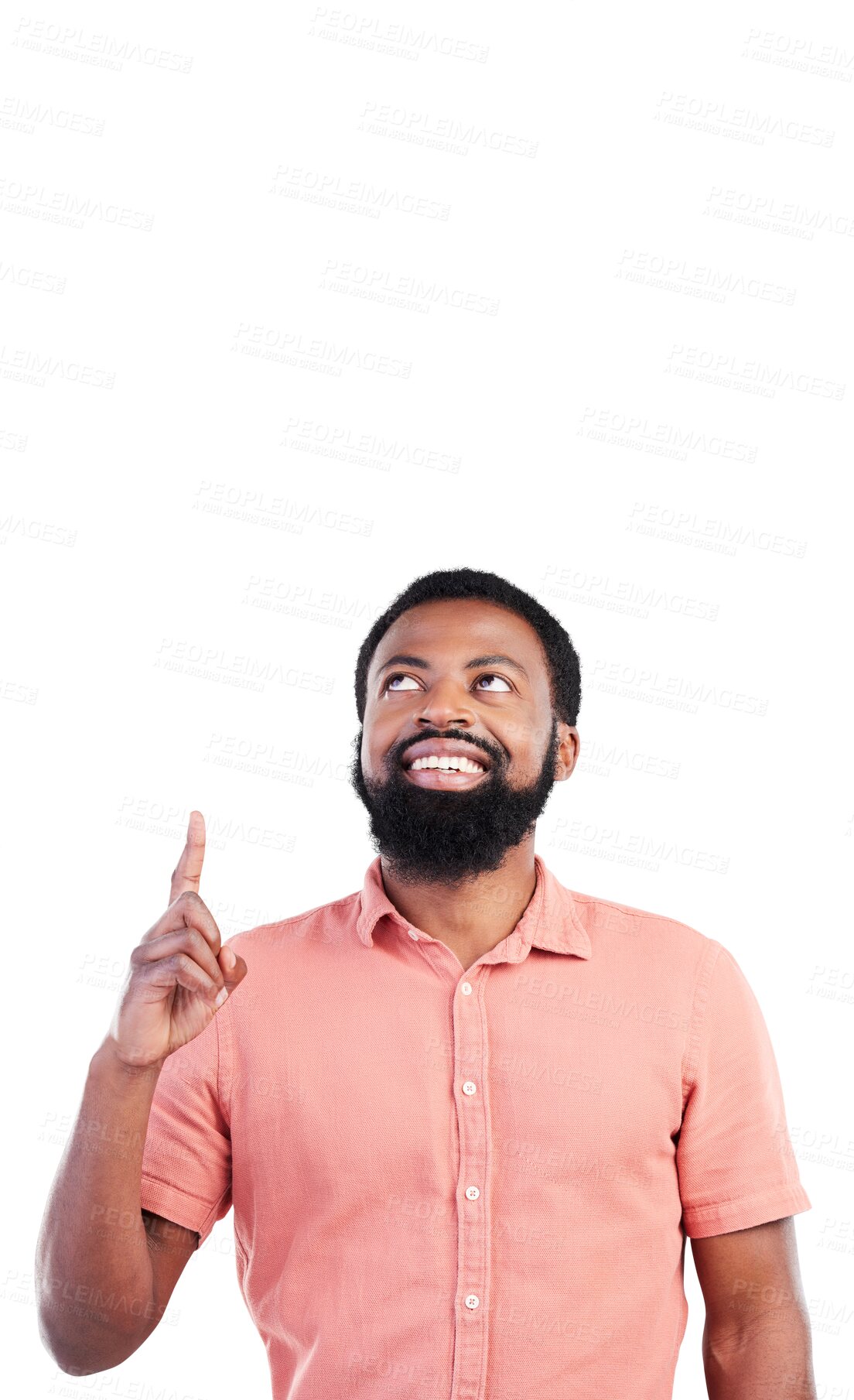 Buy stock photo Pointing, thinking and a black man with a work vision, business creativity and showing a design. Happy, African designer or male with a smile and gesture isolated on a transparent png background