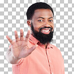 Black man, hand and stop in studio portrait with smile, sign language and communication by background. Young african model, signal or symbol for opinion, protest palm and voice with confident pride