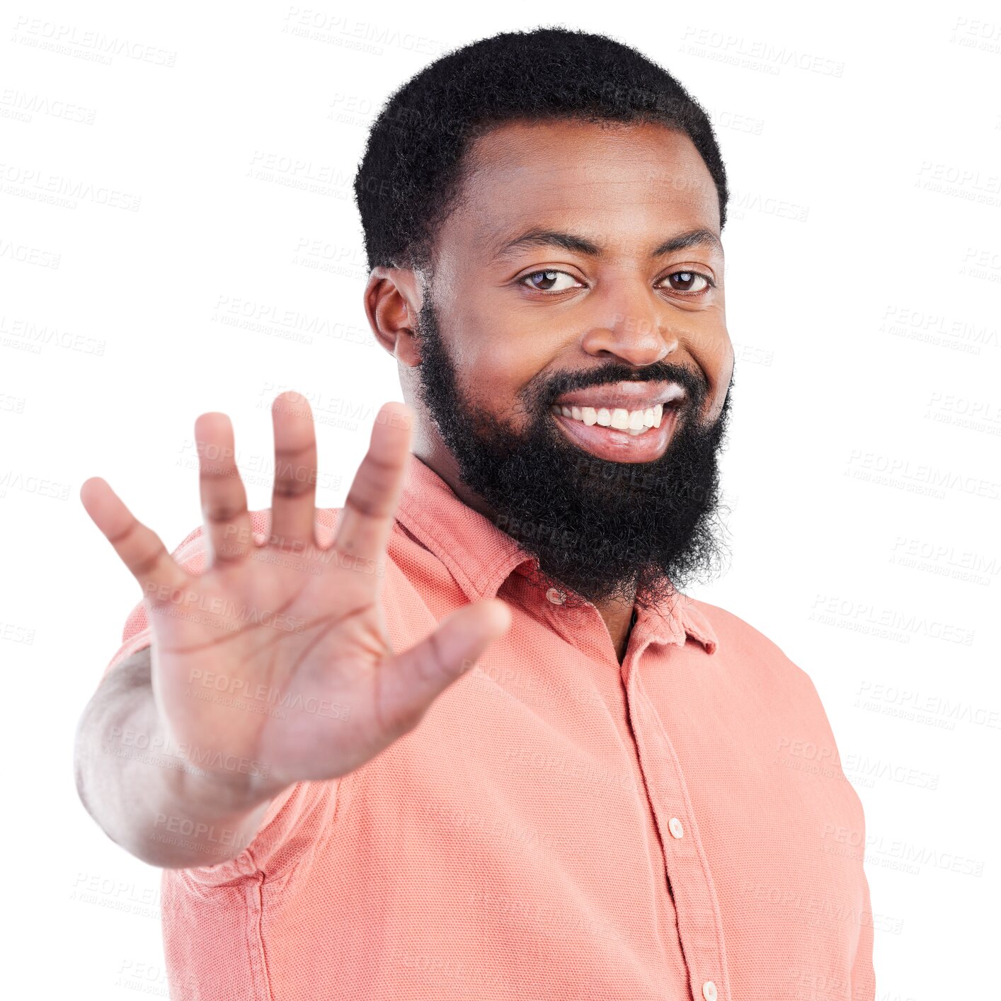 Buy stock photo Smile, portrait and black man with stop, hand or sign on isolated, transparent and png background. Palm, emoji and face of happy African male with wait gesture, body language or on hold symbol