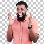 Excited, surprise and portrait of black man in studio for shocked, announcement and accomplishment. Smile, winner and achievement with male on gray background for celebration, omg and good news