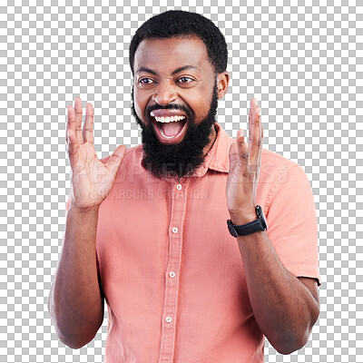 Buy stock photo Wow, celebration and happy shouting black man on isolated, transparent or png background. Happy, success and face of excited African guy winner scream for news, deal or coming soon sale or discount