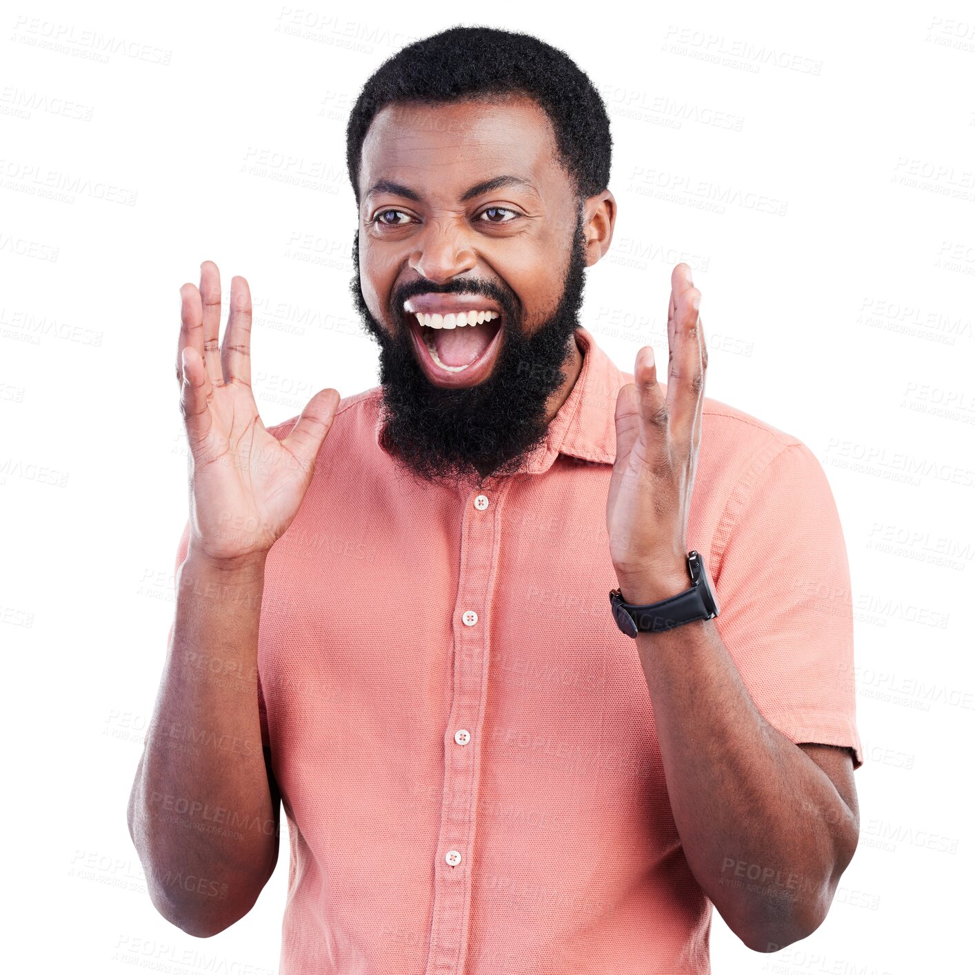 Buy stock photo Wow, celebration and happy shouting black man on isolated, transparent or png background. Happy, success and face of excited African guy winner scream for news, deal or coming soon sale or discount