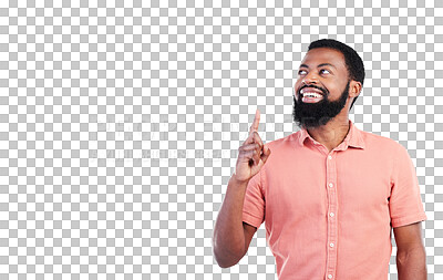 Buy stock photo Pointing, idea and a black man with a creative vision, business career and showing a design. Happy, African designer or male with a smile and gesture isolated on a transparent png background