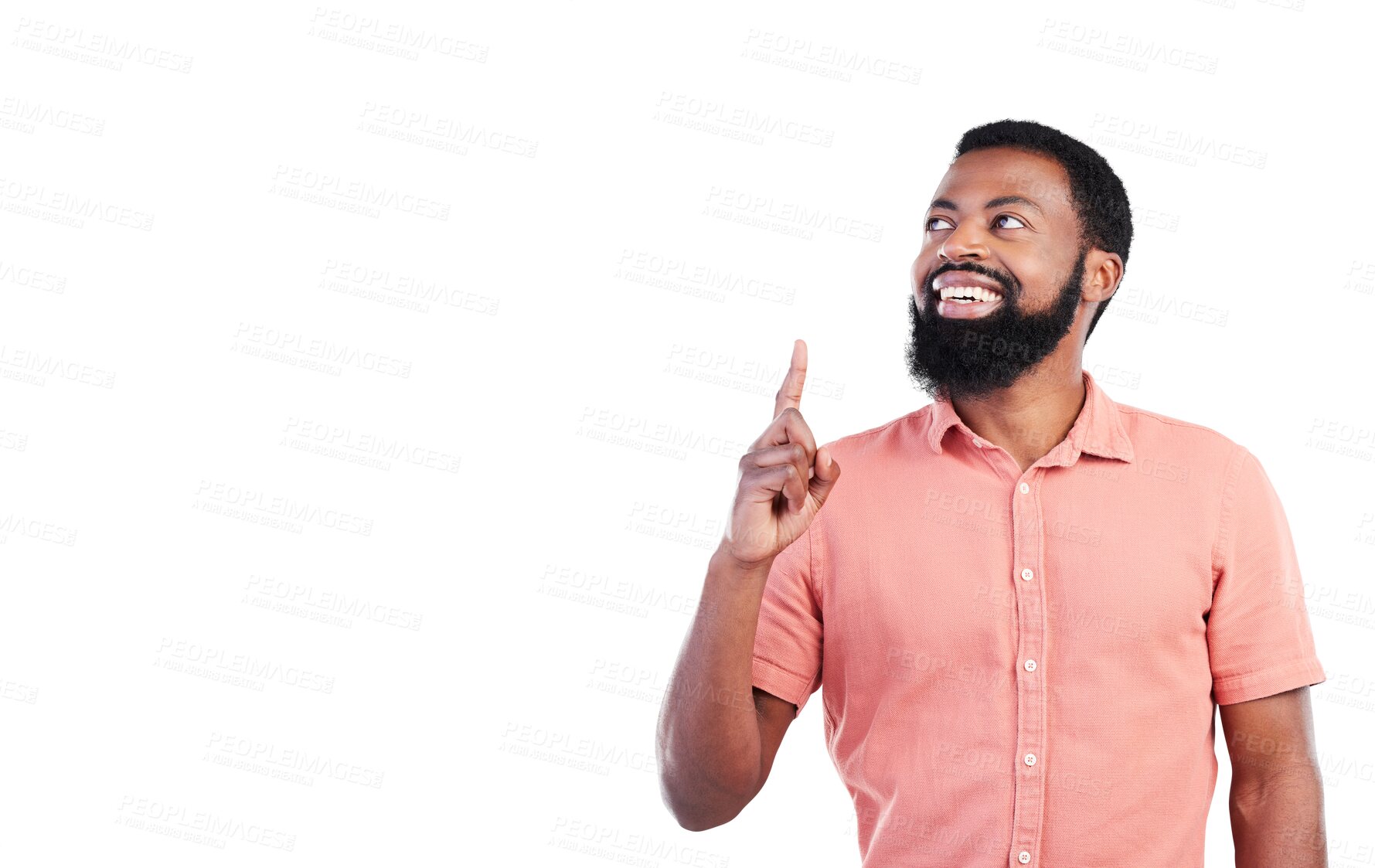 Buy stock photo Pointing, idea and a black man with a creative vision, business career and showing a design. Happy, African designer or male with a smile and gesture isolated on a transparent png background