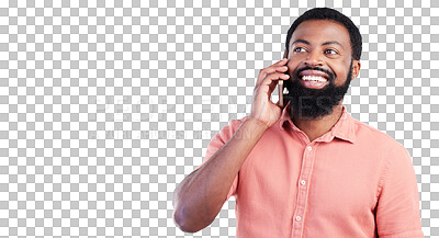 Buy stock photo Isolated African man, phone call and smile with listening, thinking or contact by transparent png background. Happy young guy, smartphone and mobile networking for deal, good news or ideas for future