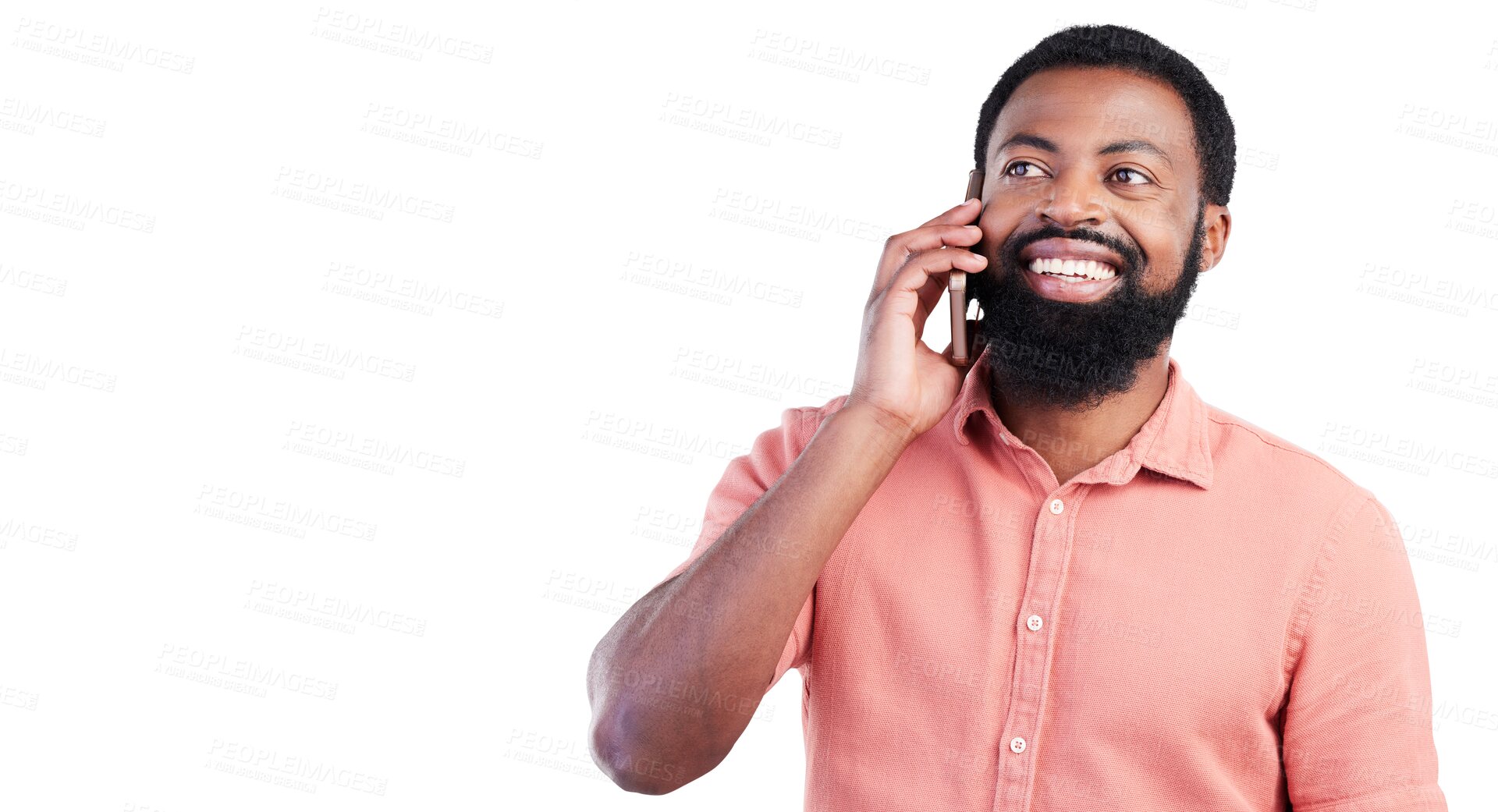 Buy stock photo Isolated African man, phone call and smile with listening, thinking or contact by transparent png background. Happy young guy, smartphone and mobile networking for deal, good news or ideas for future