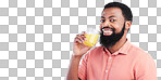 Orange juice, portrait and happy black man drinking with glass for hydration, liquid detox or weight loss. Vitamin C benefits, male nutritionist beverage and studio person on mockup gray background