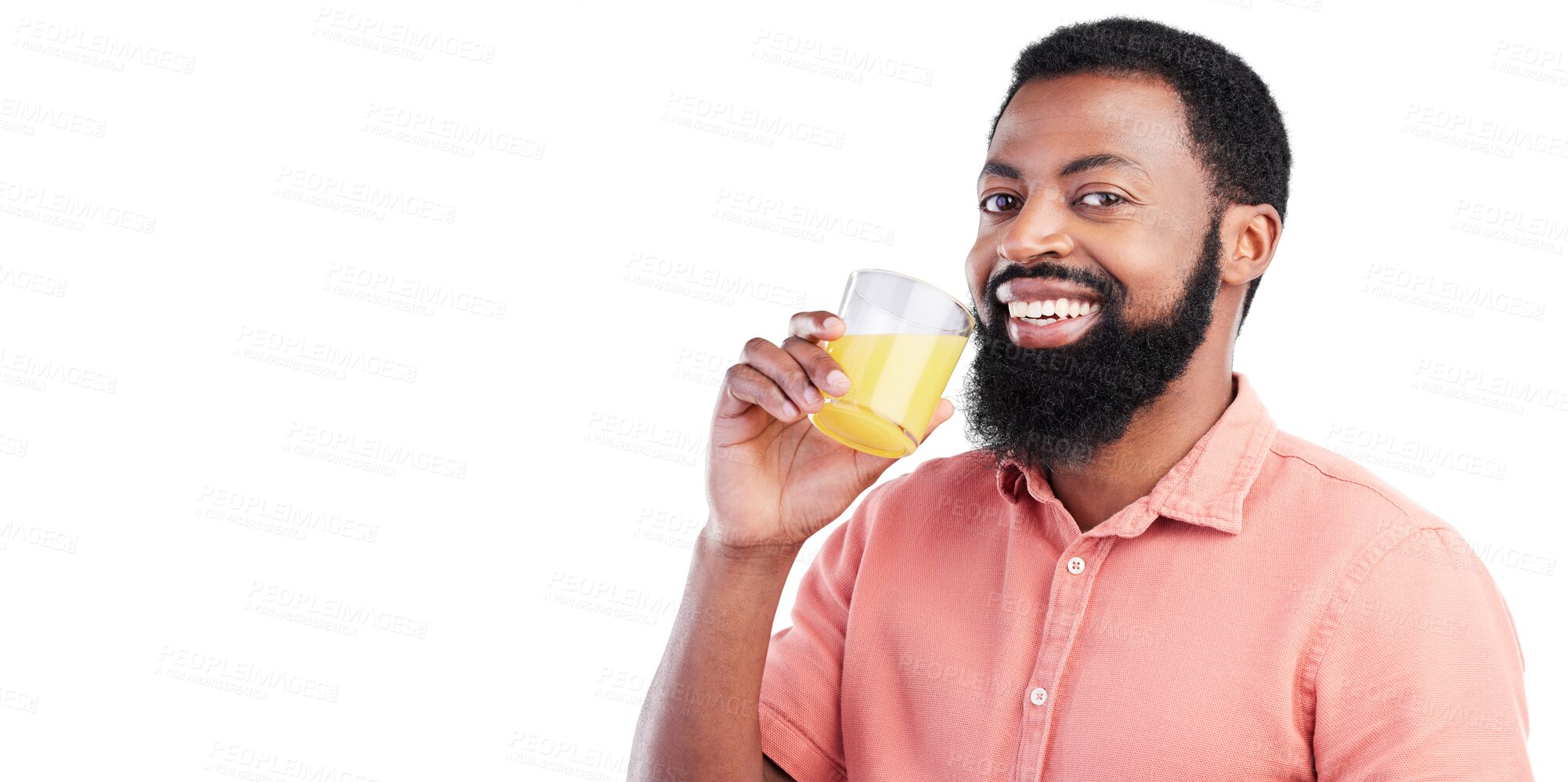 Buy stock photo Black man, portrait and orange juice for vitamin C or natural nutrition isolated on a transparent PNG background. Portrait of African male person smile and healthy organic citrus fruit drink in detox