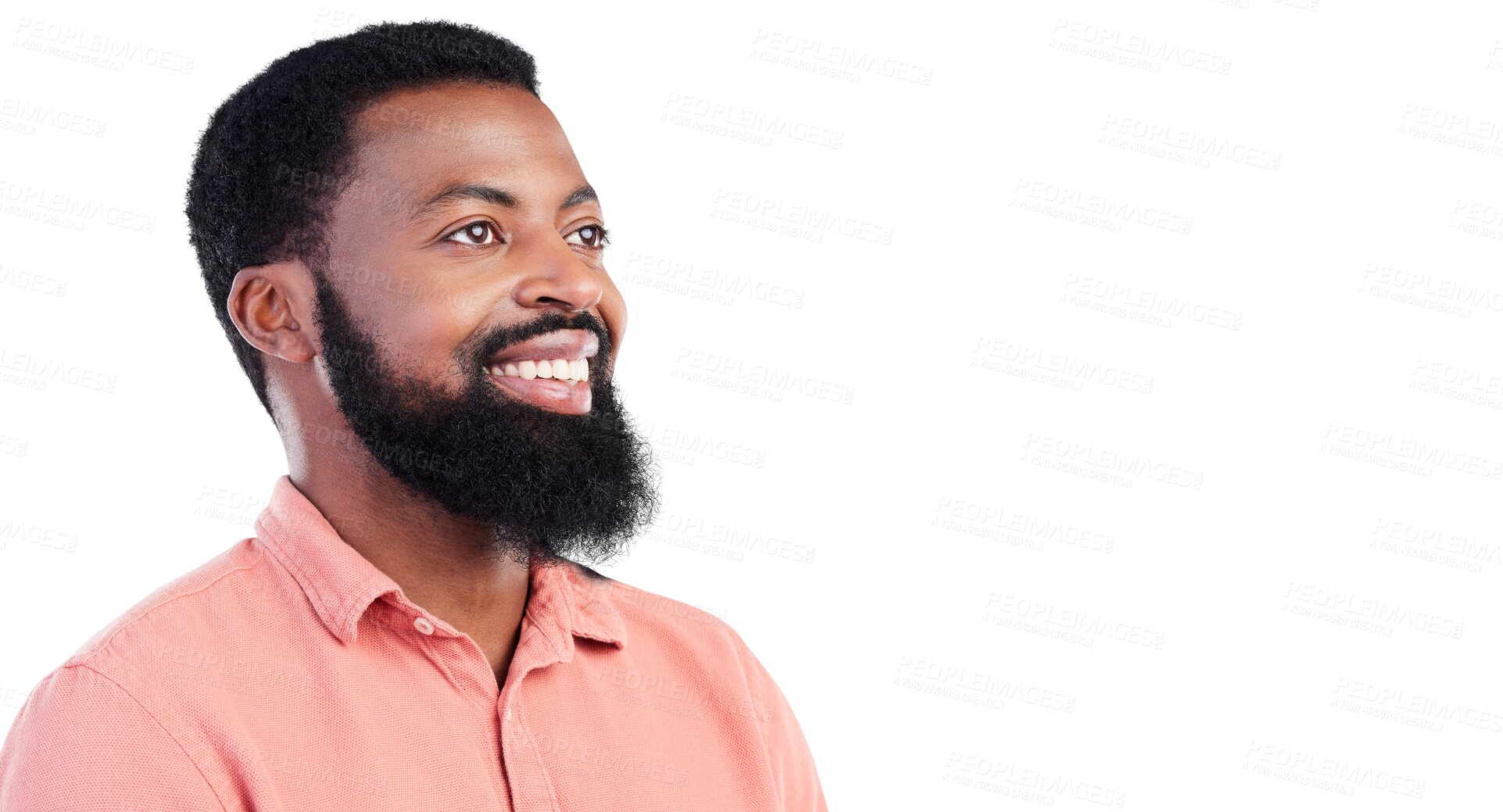 Buy stock photo Future thinking, vision and smile with a black man isolated on a transparent background for planning. Face, mind and idea with a happy young male person on PNG, dreaming about freedom or inspiration