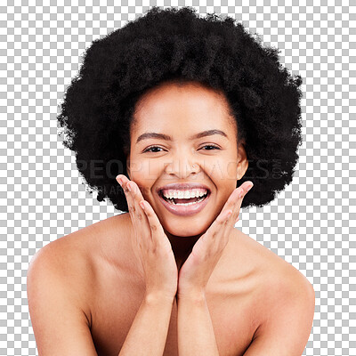 Buy stock photo Happy woman, portrait and afro for skincare, beauty or facial treatment isolated on a transparent PNG background. Excited female person or model with smile for hairstyle, cosmetics or perfect skin