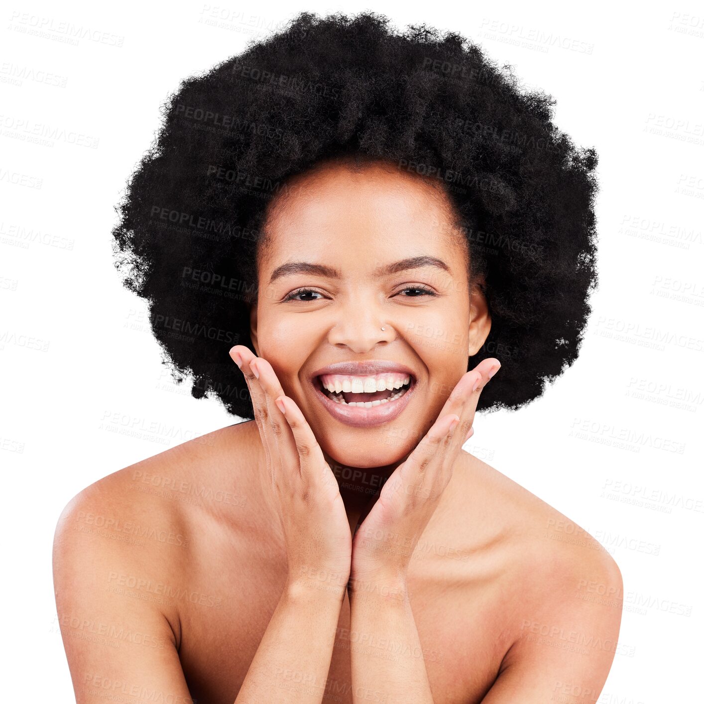 Buy stock photo Happy woman, portrait and afro for skincare, beauty or facial treatment isolated on a transparent PNG background. Excited female person or model with smile for hairstyle, cosmetics or perfect skin