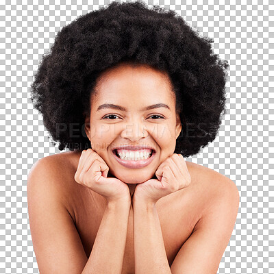 Buy stock photo Happy woman, portrait and afro for natural beauty or facial treatment isolated on a transparent PNG background. Excited female person or model with smile for hairstyle, cosmetics or perfect skin