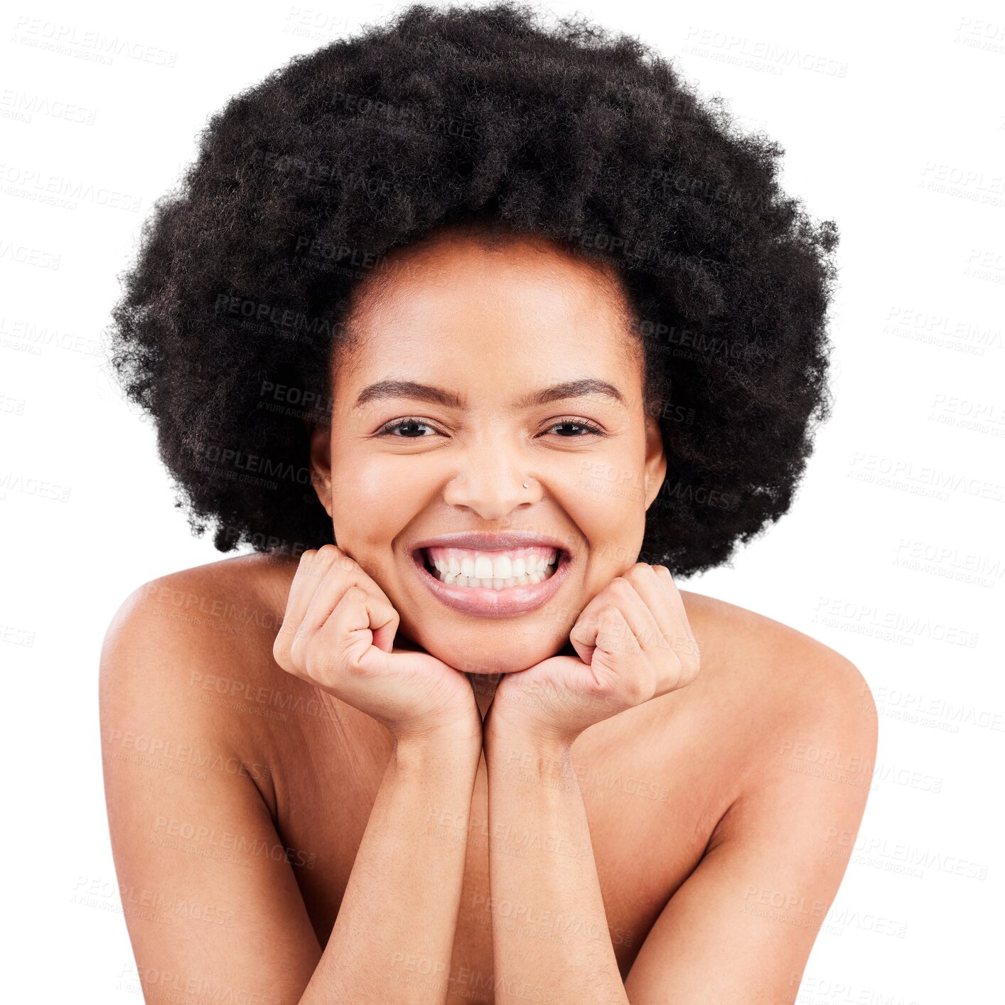 Buy stock photo Happy woman, portrait and afro for natural beauty or facial treatment isolated on a transparent PNG background. Excited female person or model with smile for hairstyle, cosmetics or perfect skin