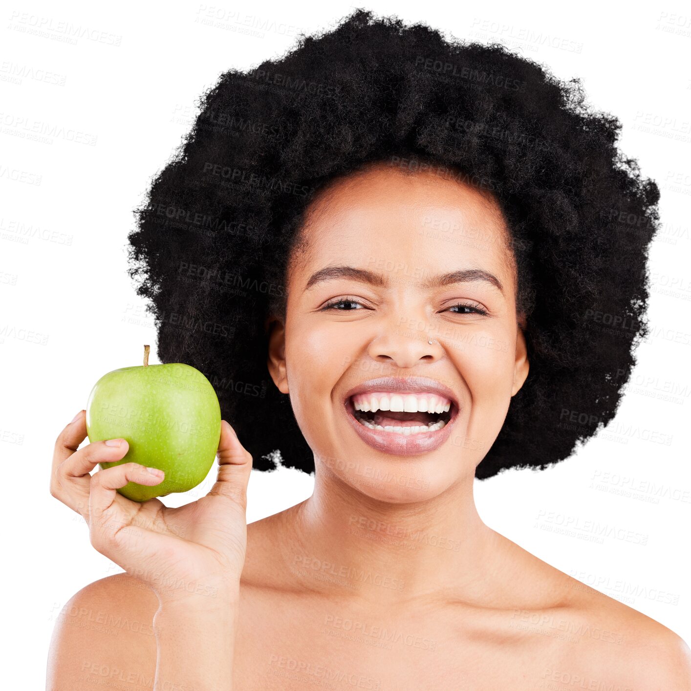 Buy stock photo Happy woman, portrait and afro with apple for diet or natural nutrition isolated on a transparent PNG background. Face of excited female person or model smile with healthy organic fruit for wellness