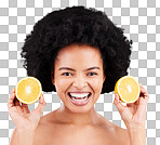 Skincare, portrait and orange by black woman in studio for vitamin c, wellness or skin detox on grey background. Face, fruit and girl model excited for citrus treatment, cosmetics or beauty routine