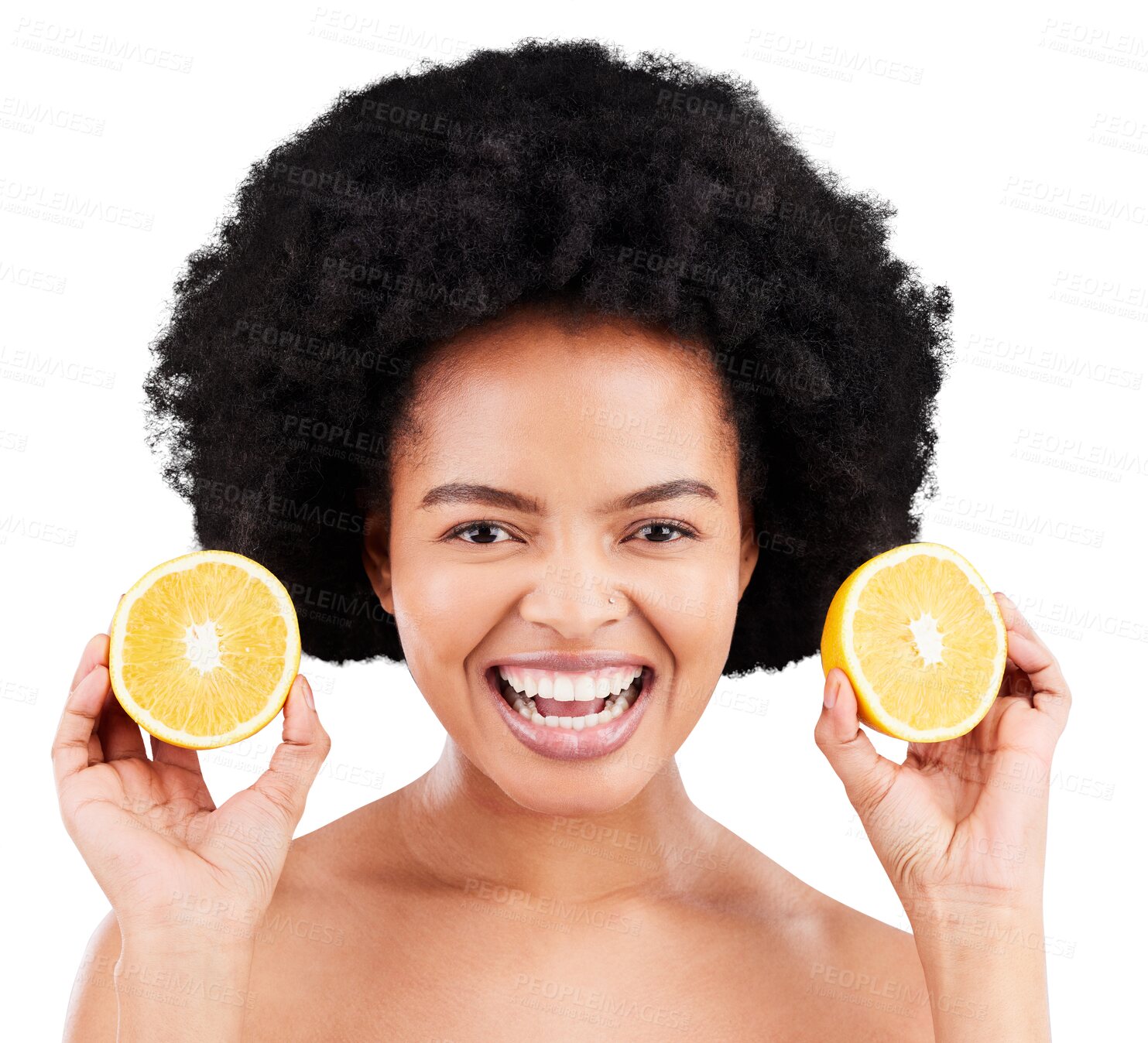 Buy stock photo Happy woman, portrait and afro with orange for vitamin C or natural nutrition isolated on a transparent PNG background. Face of female person or model smile with healthy organic citrus fruit in detox