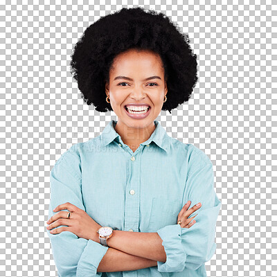 Buy stock photo Portrait, happy and black woman with arms crossed with pride in png or transparent and isolated background.  Excited, face and girl with confidence or positive with happiness, elegant and funny.