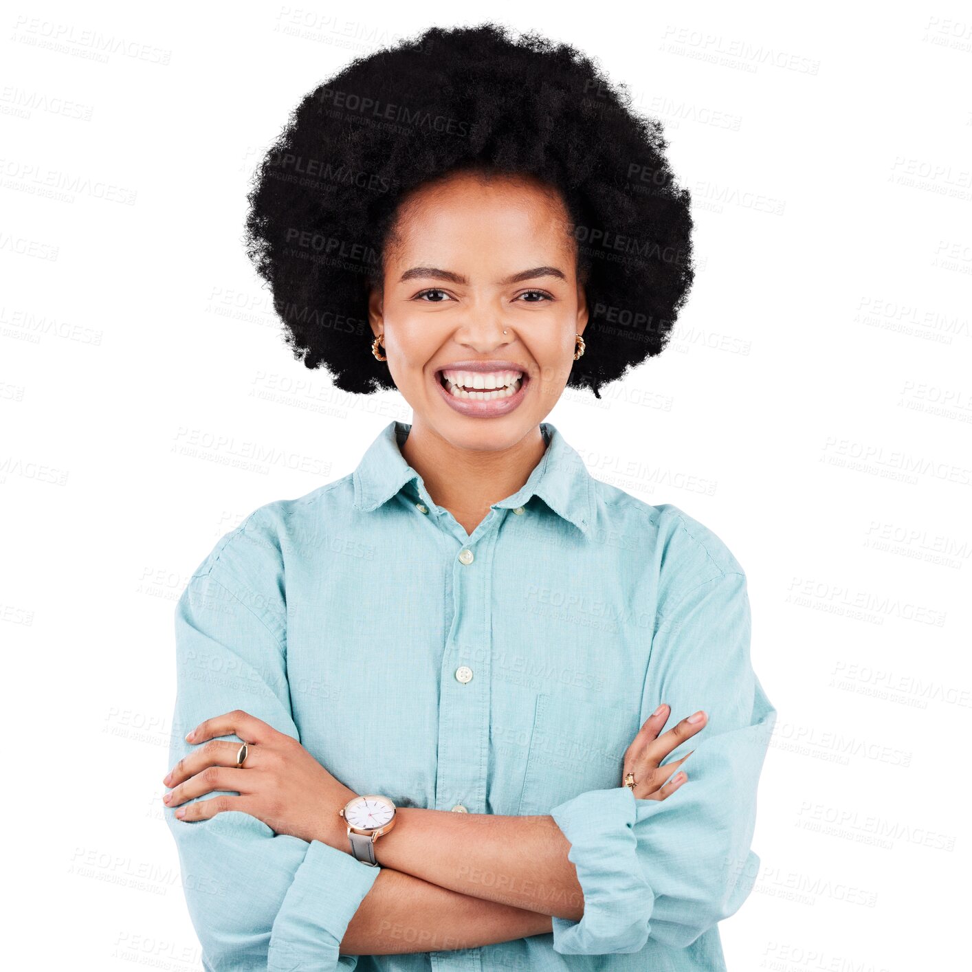 Buy stock photo Portrait, happy and black woman with arms crossed with pride in png or transparent and isolated background.  Excited, face and girl with confidence or positive with happiness, elegant and funny.