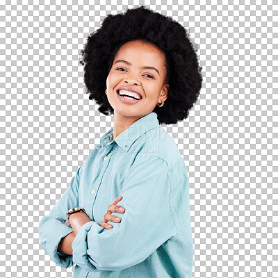 Buy stock photo Laugh, confident and black woman with arms crossed in portrait for png or transparent and isolated background. Happiness, proud and face with girl or empowerment for african person with smile.