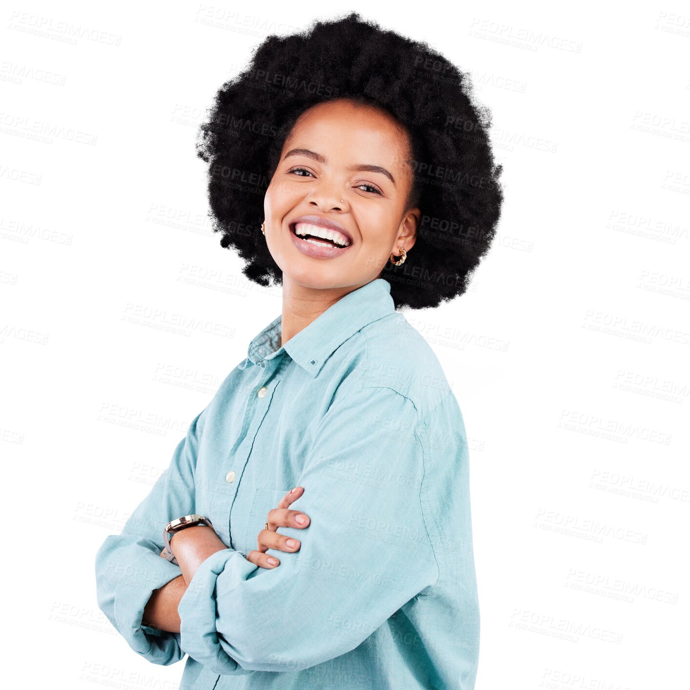 Buy stock photo Laugh, confident and black woman with arms crossed in portrait for png or transparent and isolated background. Happiness, proud and face with girl or empowerment for african person with smile.