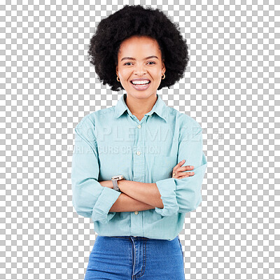 Buy stock photo Excited, portrait and black woman with arms crossed with smile in png or transparent and isolated background.  Happy, face and confidence with girl or positive person with happiness or elegant.