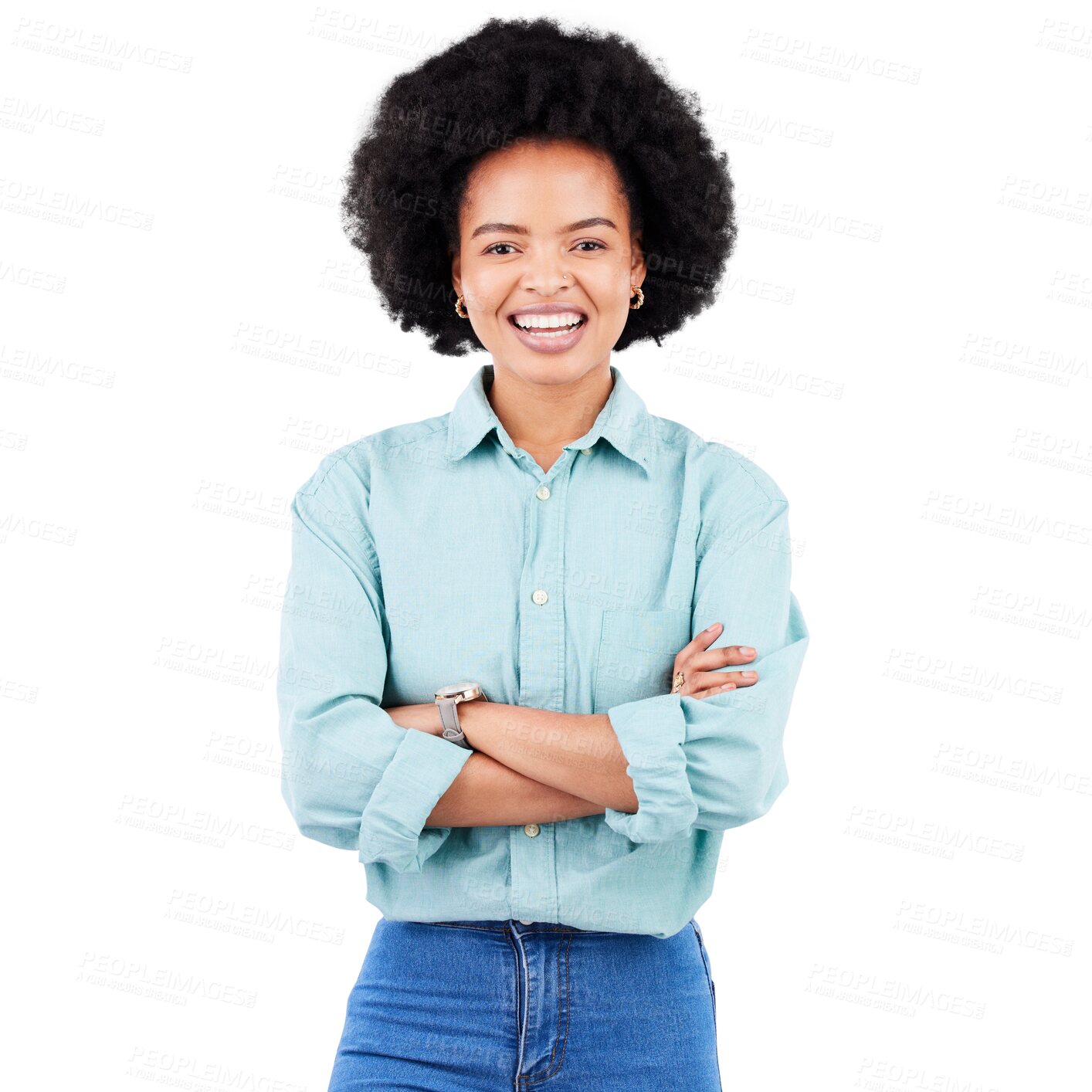 Buy stock photo Excited, portrait and black woman with arms crossed with smile in png or transparent and isolated background.  Happy, face and confidence with girl or positive person with happiness or elegant.