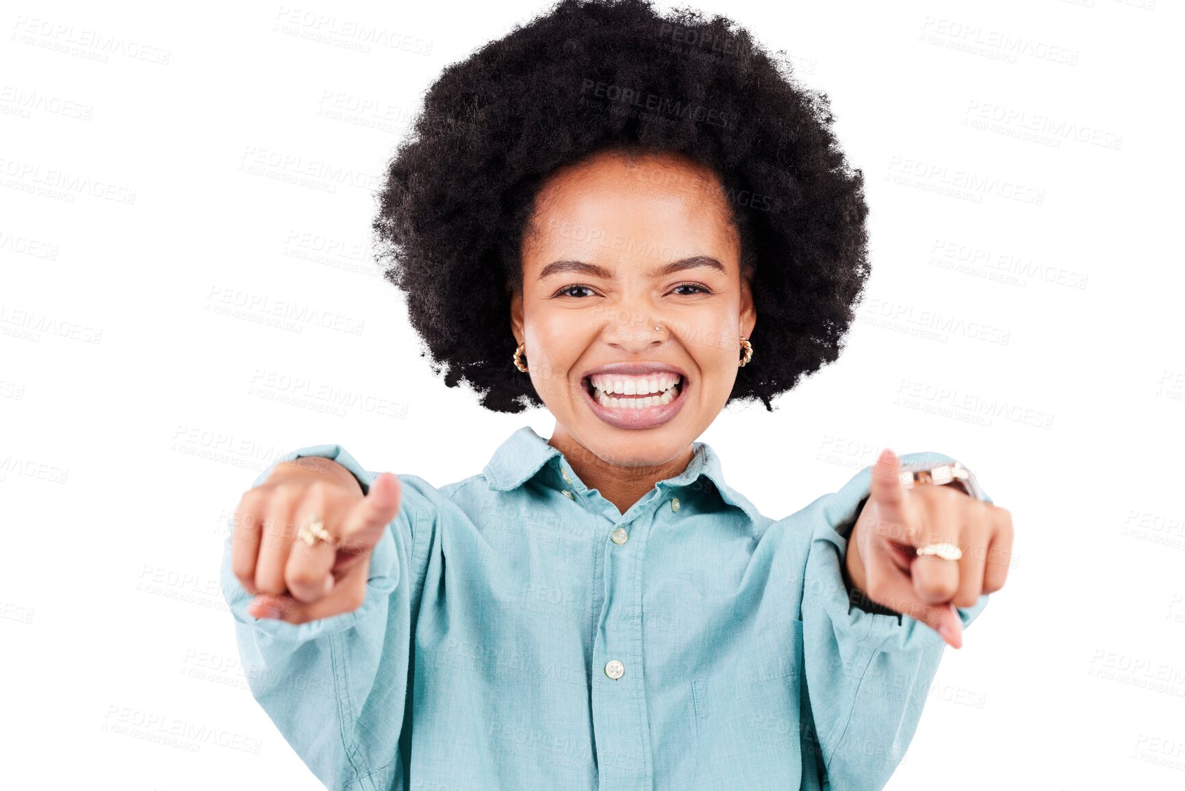 Buy stock photo Portrait, black woman and pointing to you for decision, choice and direction isolated on a transparent png background. African person, face and hand gesture for selection of winner, deal and smile.