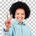 Smile, peace sign and portrait of black woman in studio for positive, agreement and support. Confidence, happy and emoji with female isolated on gray background for friendly, cheerful and carefree