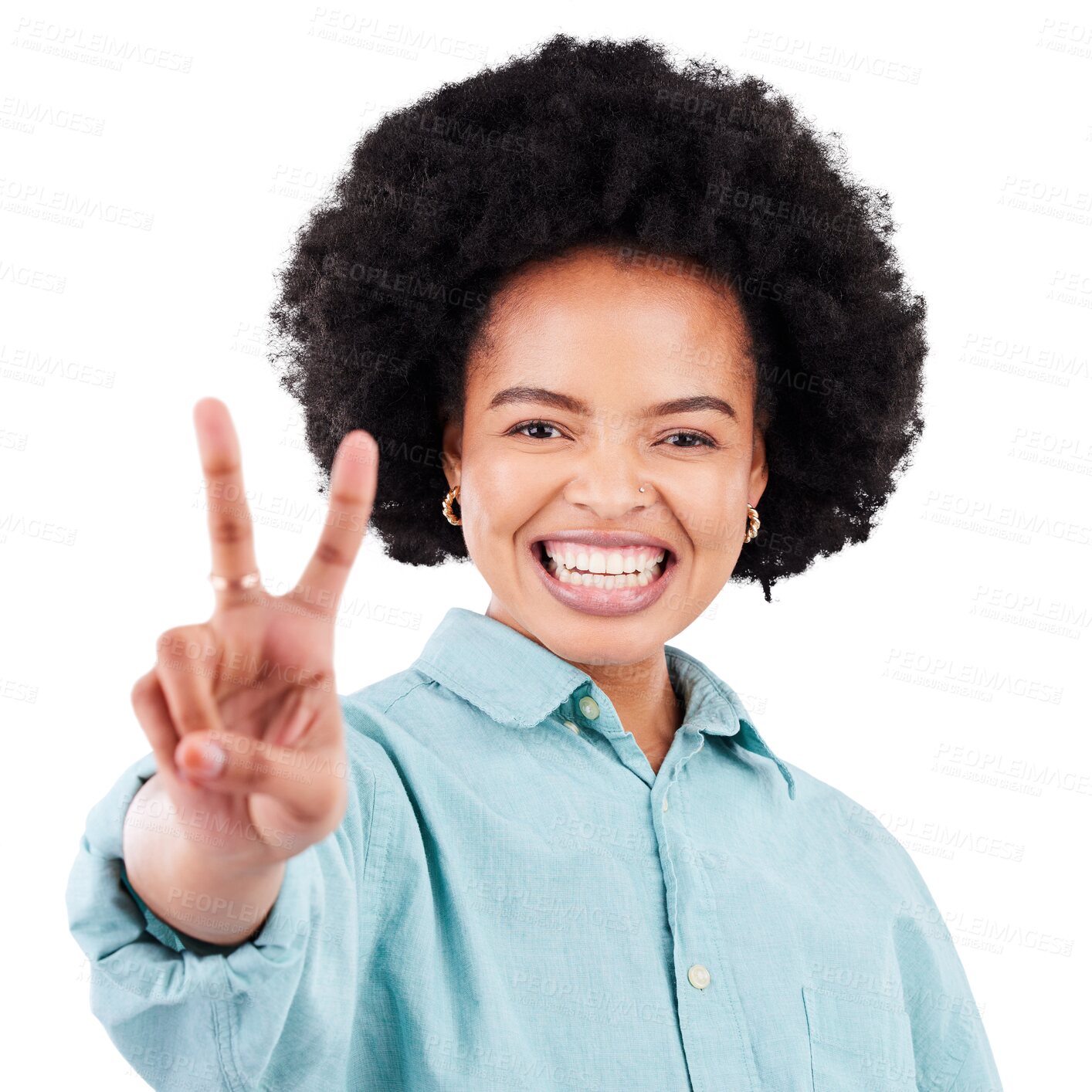 Buy stock photo Peace, hand and portrait of happy black woman on isolated, transparent or png background. V, finger and face of African lady with emoji for vote, feedback or review satisfaction with thank you smile