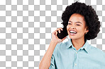 Happy phone call, studio and black woman communication  on conversation, discussion or speaking to digital network contact. Networking, consulting or talking person isolated on mockup gray background