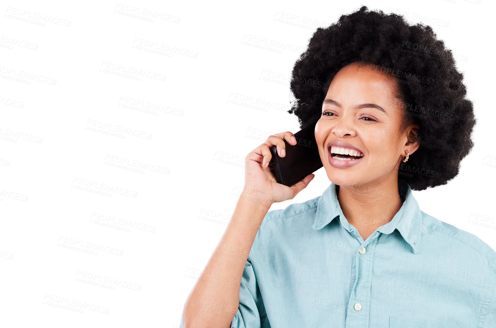 Buy stock photo Isolated African woman, phone call and smile with thinking, contact or listen by transparent png background. Happy young lady, smartphone and mobile networking for deal, news and excited for vision