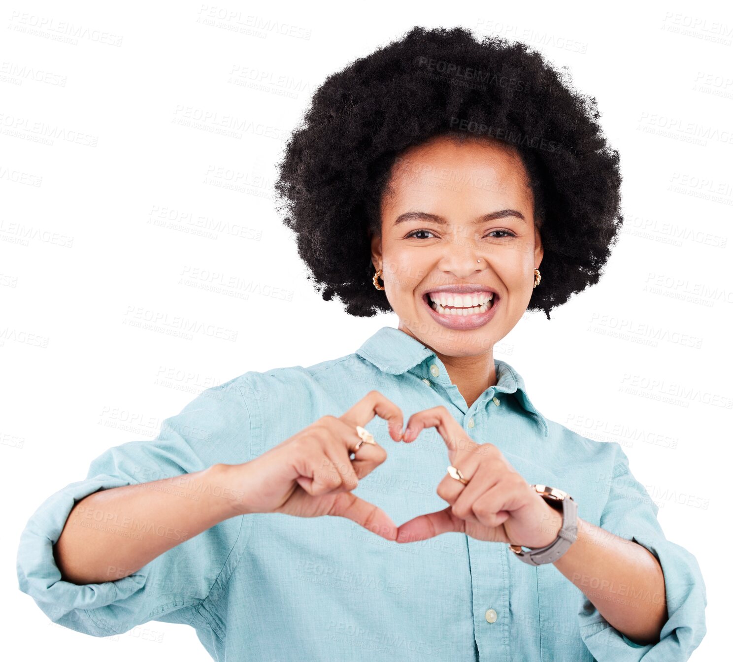 Buy stock photo Isolated African woman, heart hand and portrait with smile, love icon and vote by transparent png background. Girl, afro and excited face with sign language for care, opinion and emoji for kindness