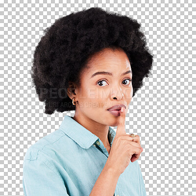 Buy stock photo Portrait, secret and black woman with finger on lips for whisper on isolated, transparent and png background. Confidential, gossip and face of African female with hush news, emoji and promo privacy